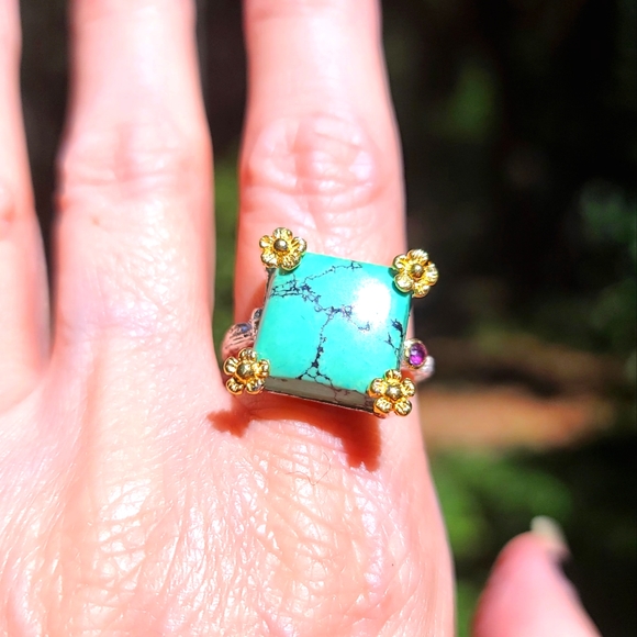 Kharma by Avelon Jewelry - Turquoise & Amethyst sterling & gold daisy ring sz 8.5